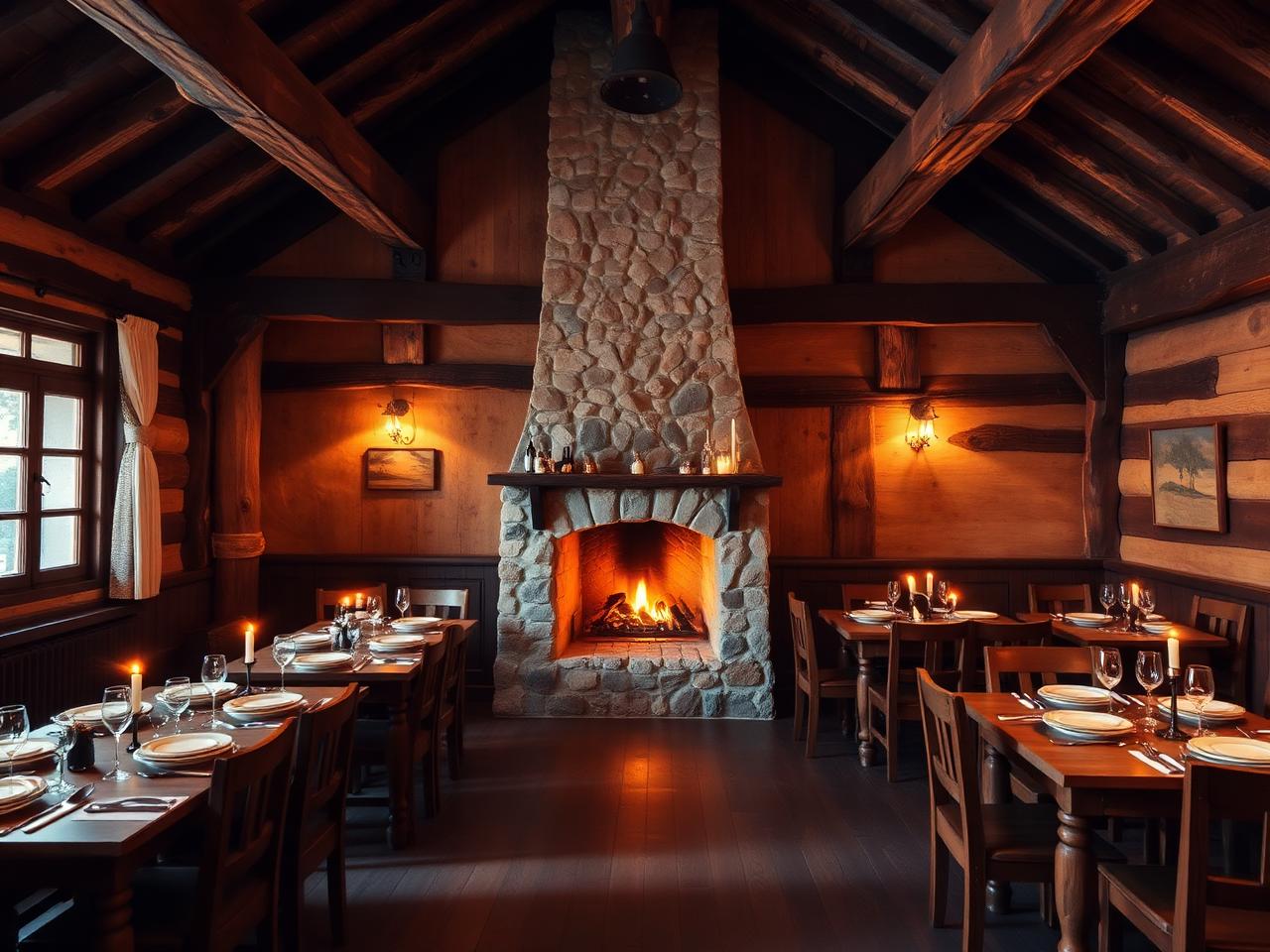 Sala restaurantului cu șemineu de piatră